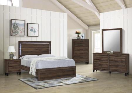 BROWN QUEEN BED, DRESSER, MIRROR, CHEST & NIGHTSTAND