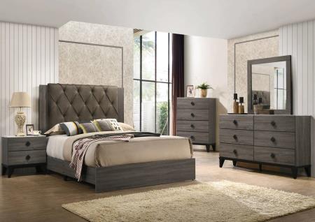 MEK UPHOLSTERED QUEEN BED, DRESSER,MIRROR,CHEST & NIGHTSTAND